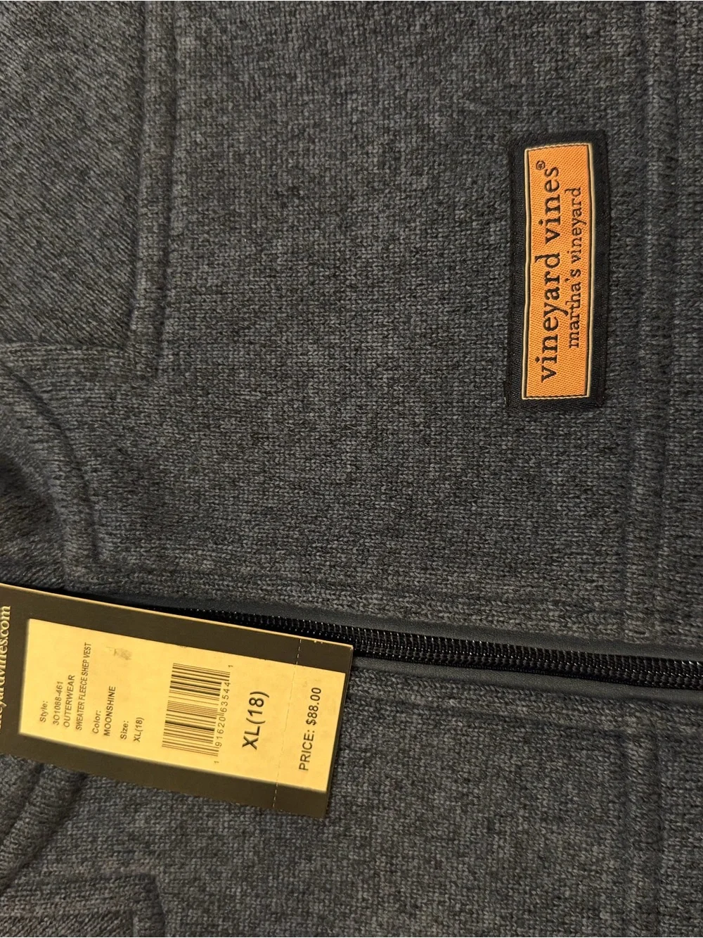 Vineyard Vines Charcoal Gray Full-Zip Fleece Vest with Leather Logo